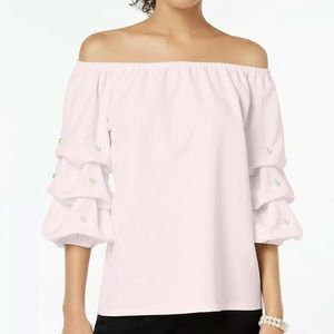 MSK PINK BEADED l PUFF SLEEVE OFF-SHOULDER Top